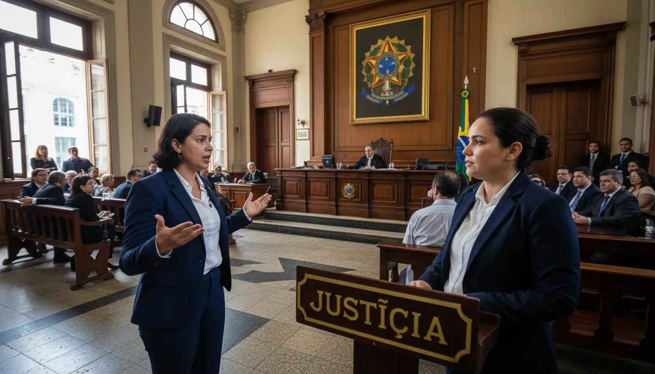 Cena de um advogado na Bahia defendendo apaixonadamente seu cliente em um tribunal, transmitindo a luta pela justiça.