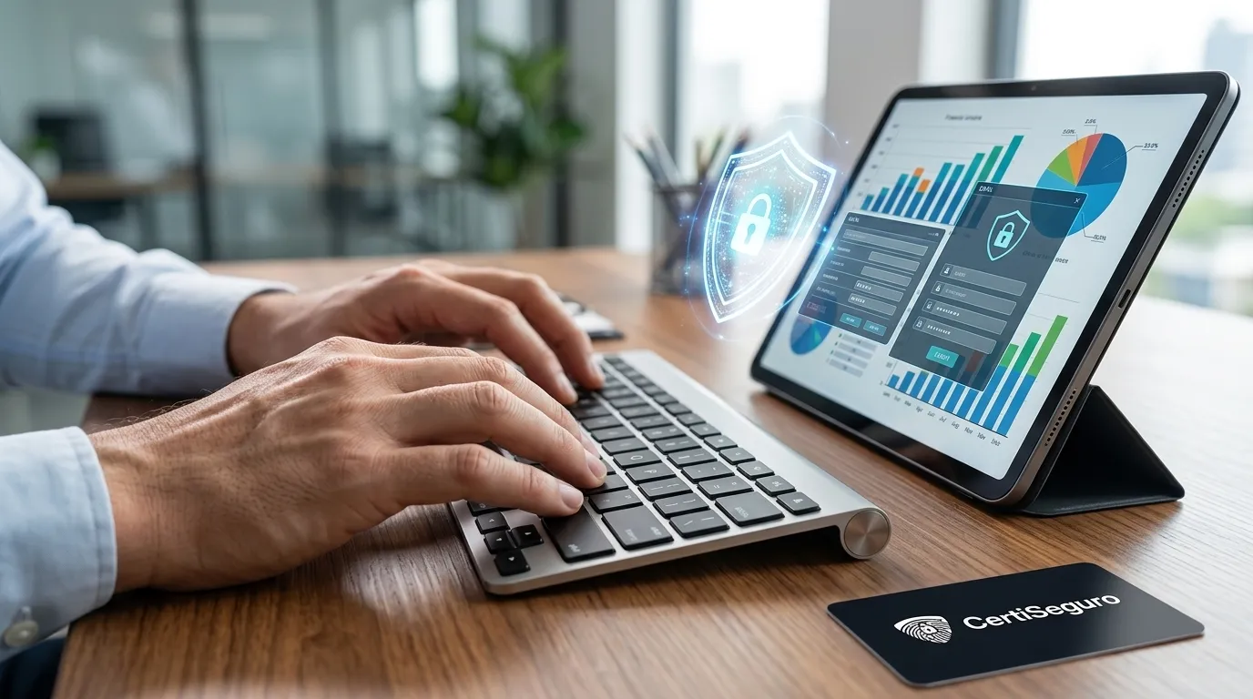 Contador trabalhando no computador analisando regras de certificado digital a1 gratuito em site oficial.