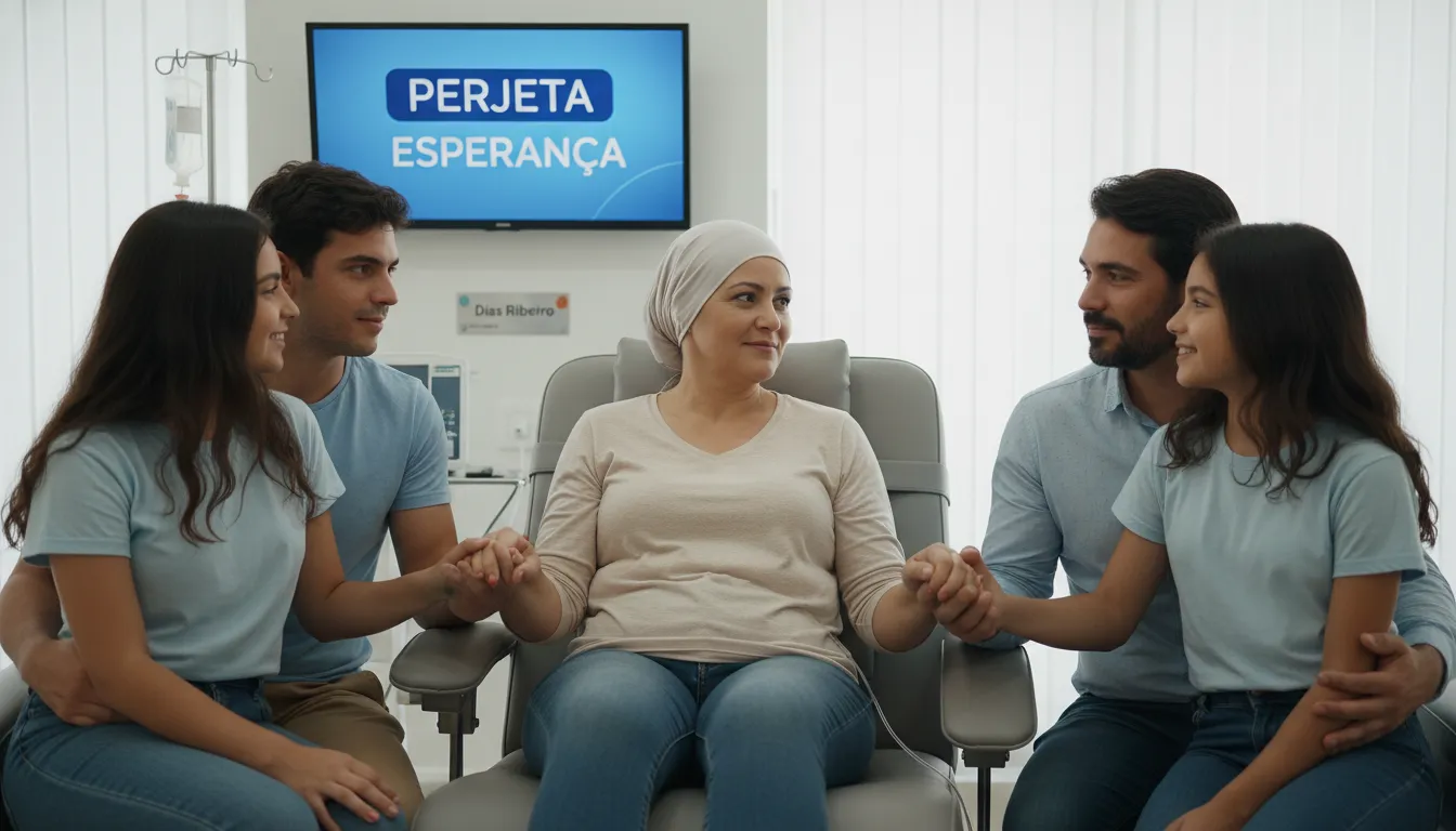 Família unida apoiando paciente em tratamento com Perjeta, destacando a importância do plano de saúde no acesso a medicamentos essenciais.