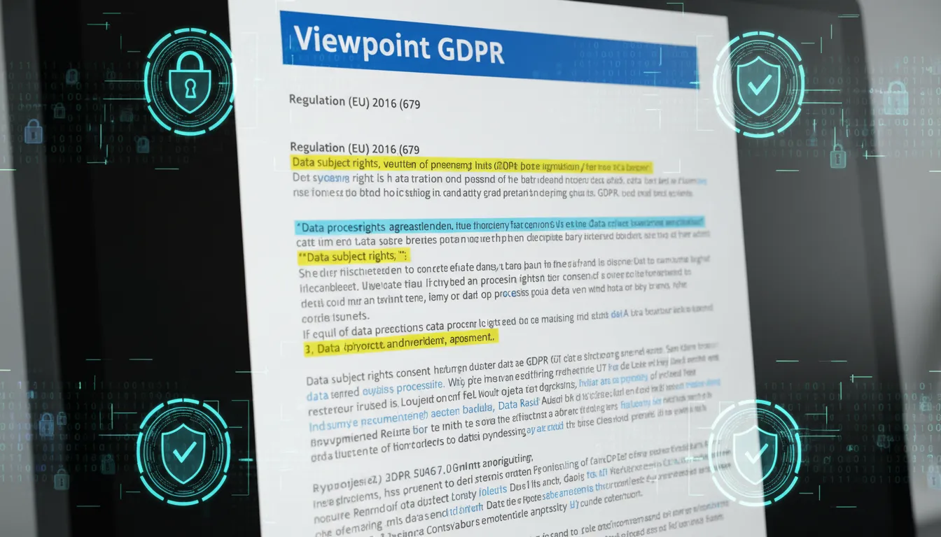 Close-up de uma tela de computador exibindo um documento legal complexo relacionado ao GDPR, destacando a importância de gdpr o que é para a Viewpoint.