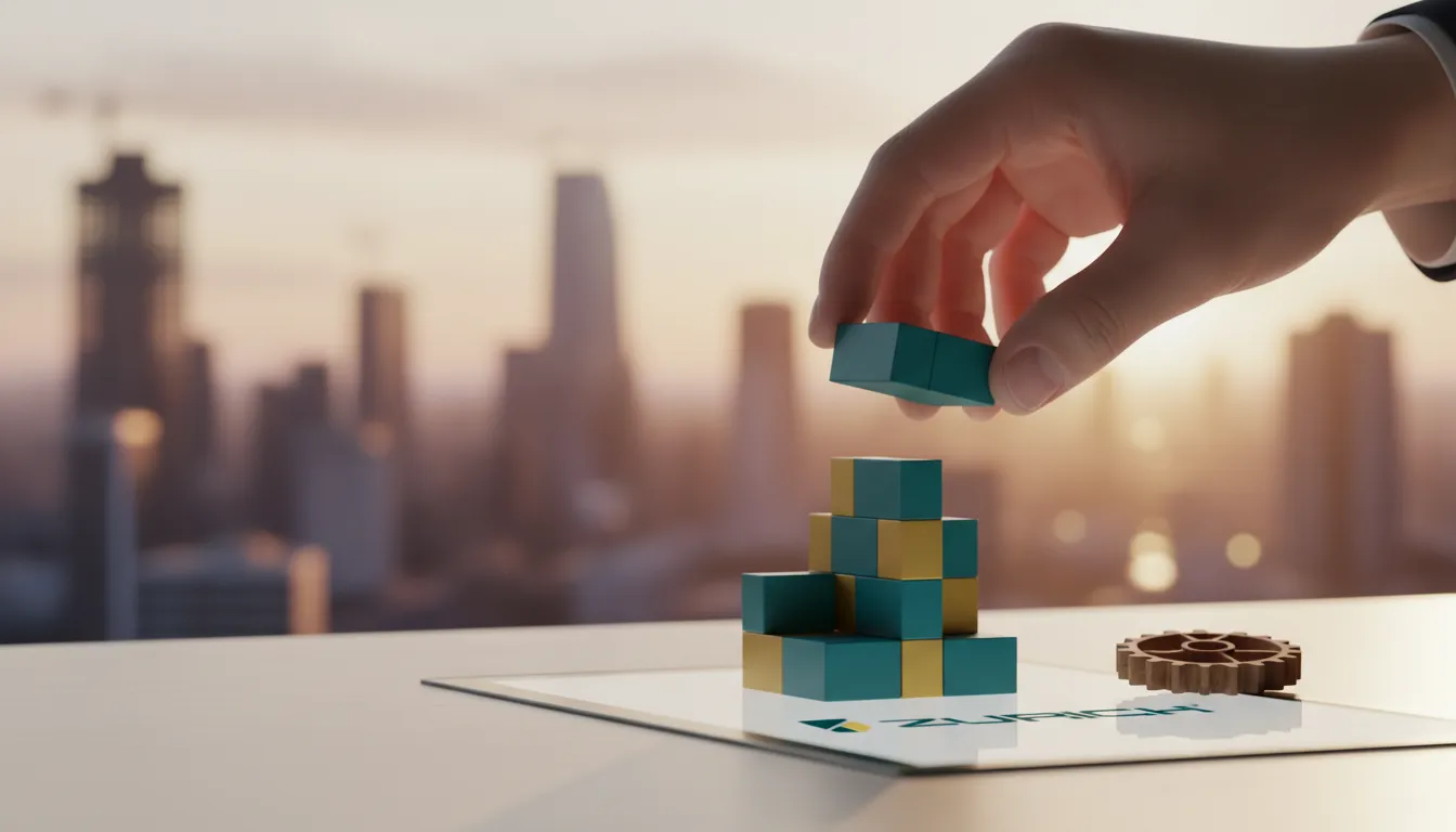 Mão colocando bloco de construção em estrutura maior, representando investimentos e o aumento do capital social de uma empresa.