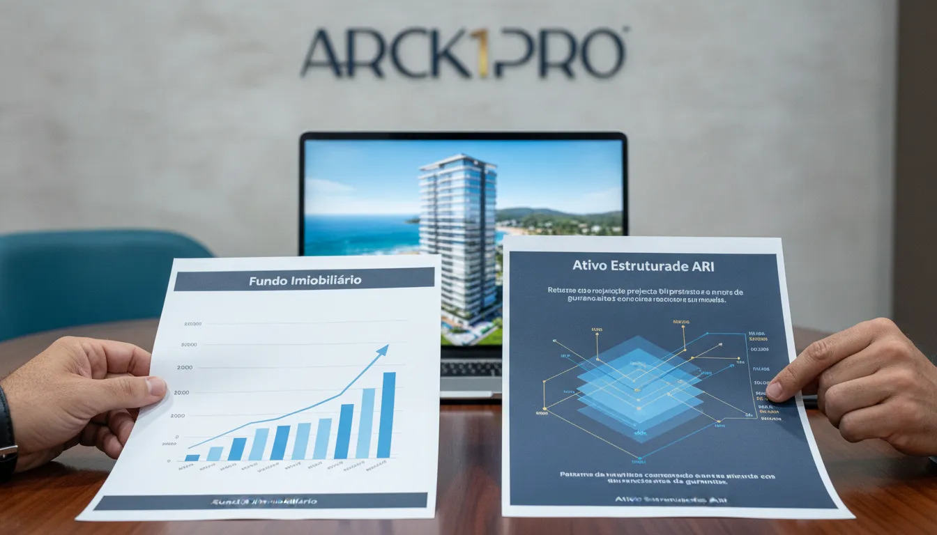 Mãos comparam documentos de fundo de investimento imobiliário e ativo estruturado, destacando previsibilidade.