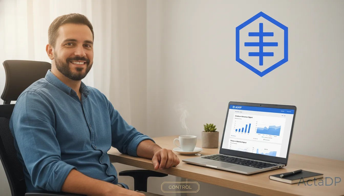 Empresário brasileiro revisa relatórios do ActaDP, com mesa organizada e expressão tranquila. Gestão DP simplificada.