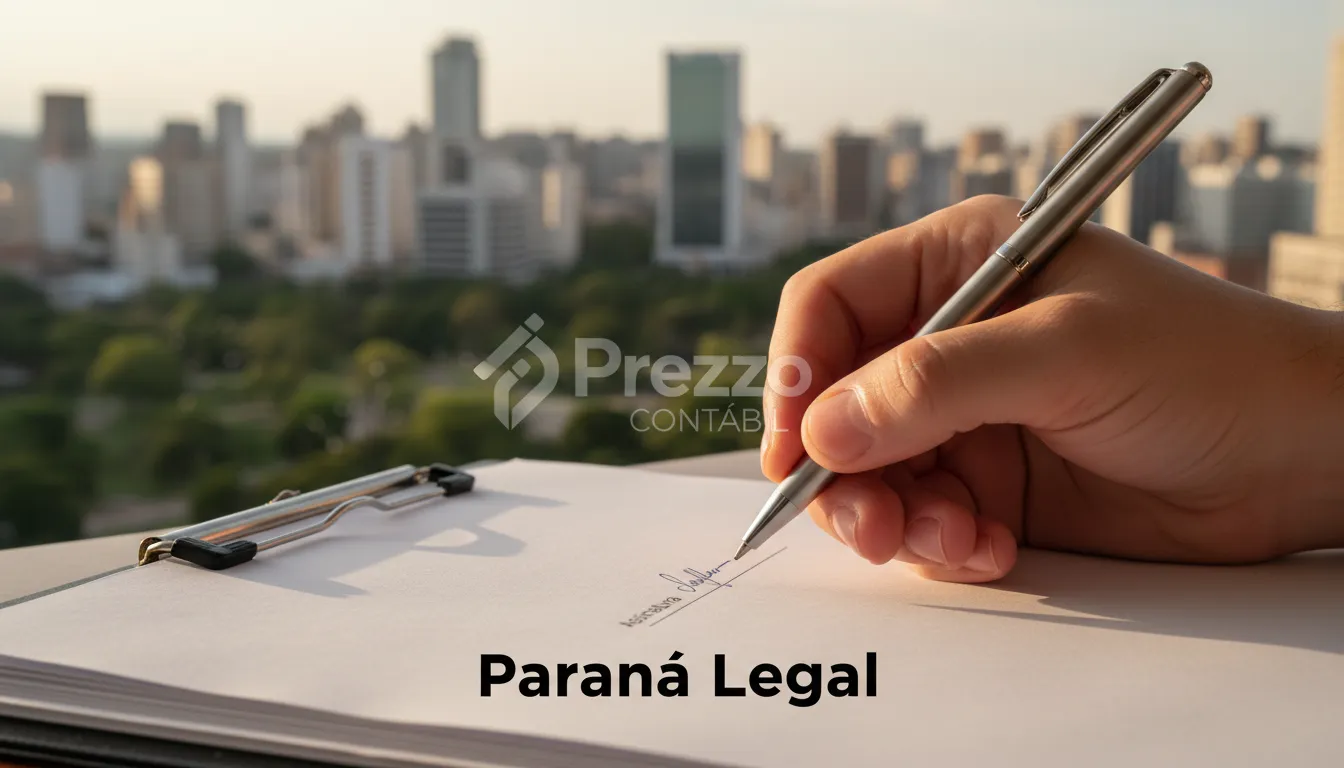 Close-up de uma mão assinando documentos, com Curitiba ao fundo e a marca d'água da Prezzo Contábil. Saiba como abrir empresa no Paraná de forma legal.