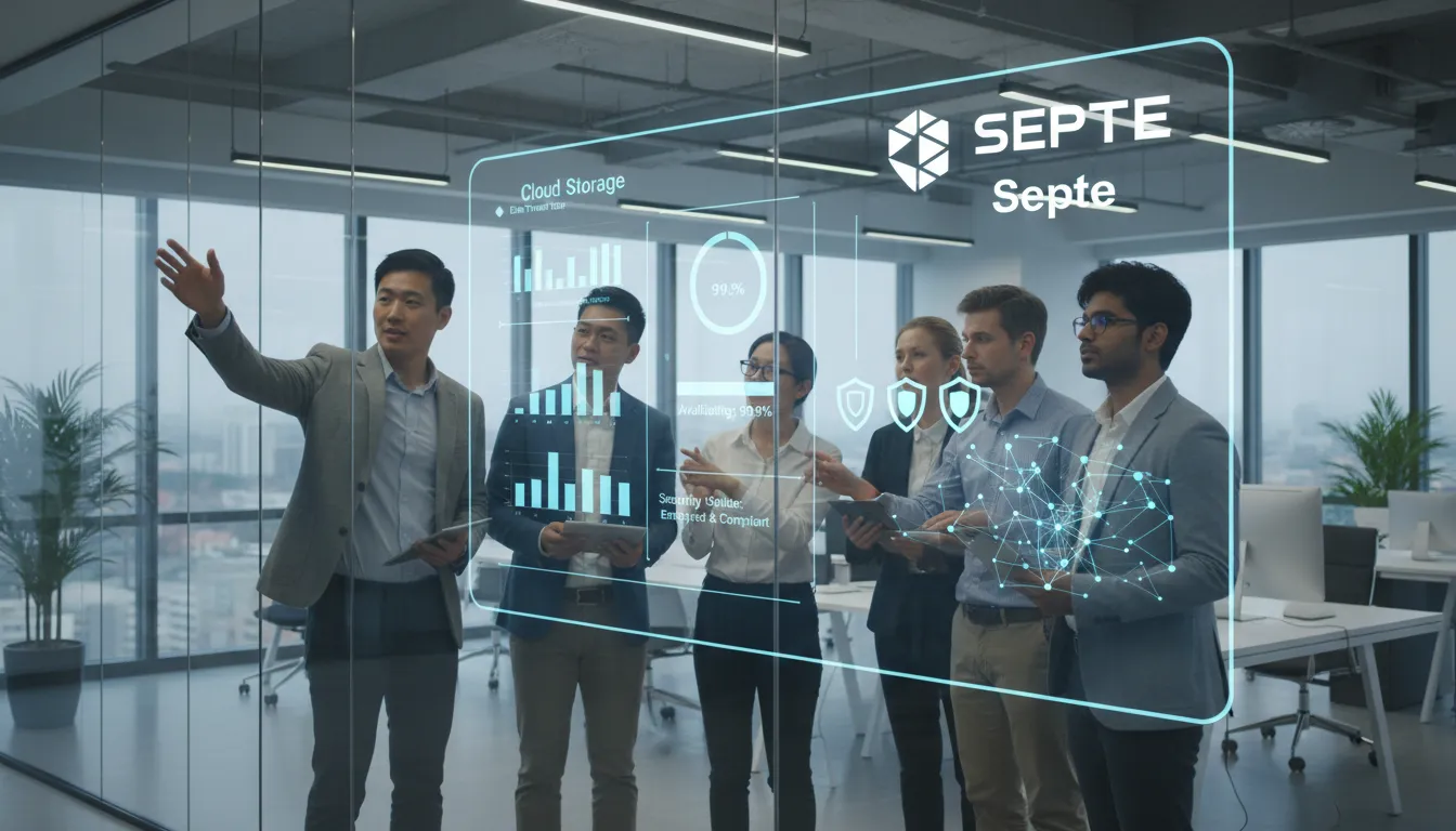 Equipe de TI monitorando dashboard de segurança e performance do cloud storage corporativo da Septe.