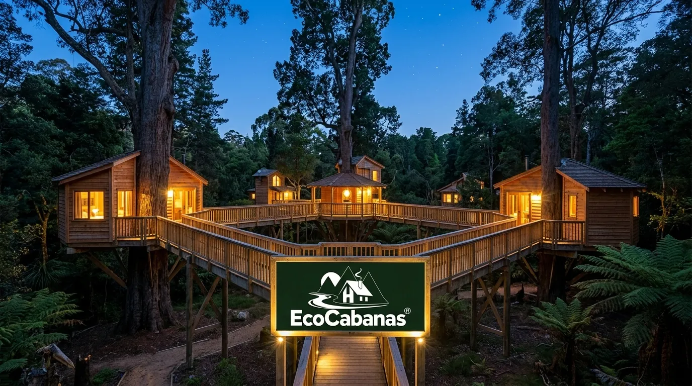 Cabanas integradas em formato de casa na árvore iluminadas ao anoitecer.