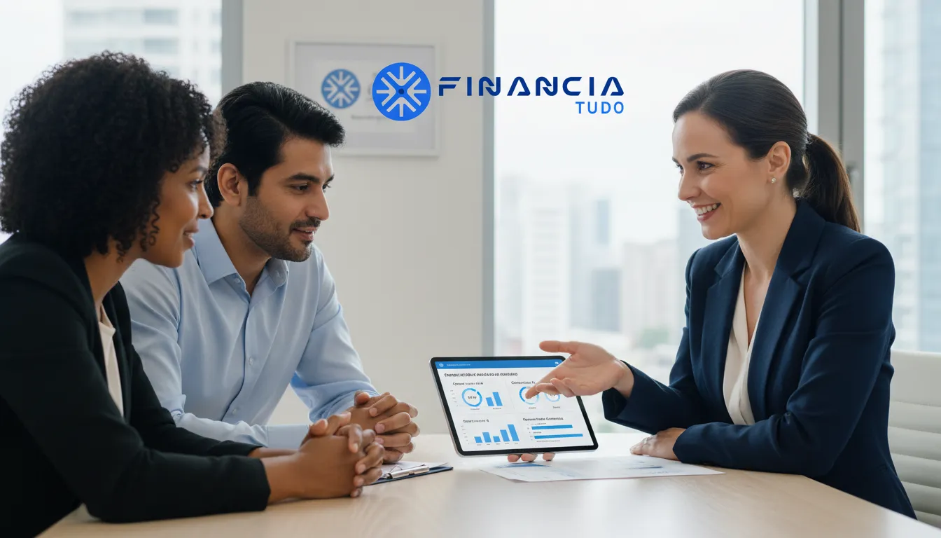 Consultor da Financia Tudo explicando opções de juros crédito com garantia e condições personalizadas a clientes.