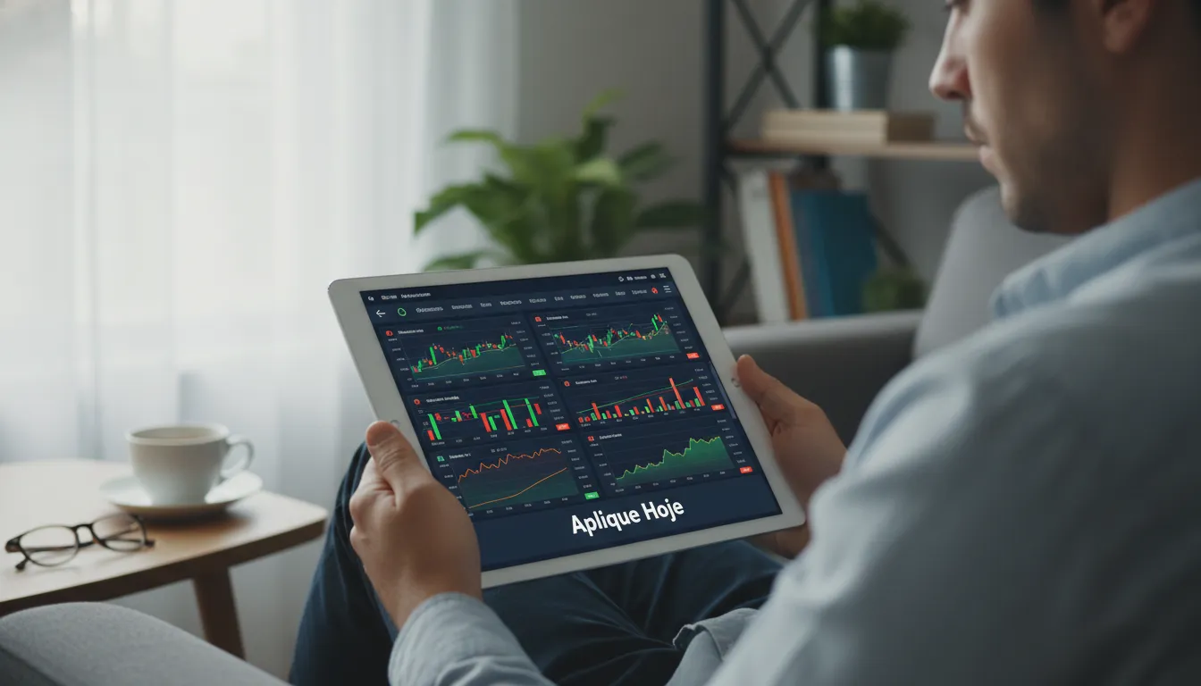 Um usuário analisa portfólios de investimento em casa.