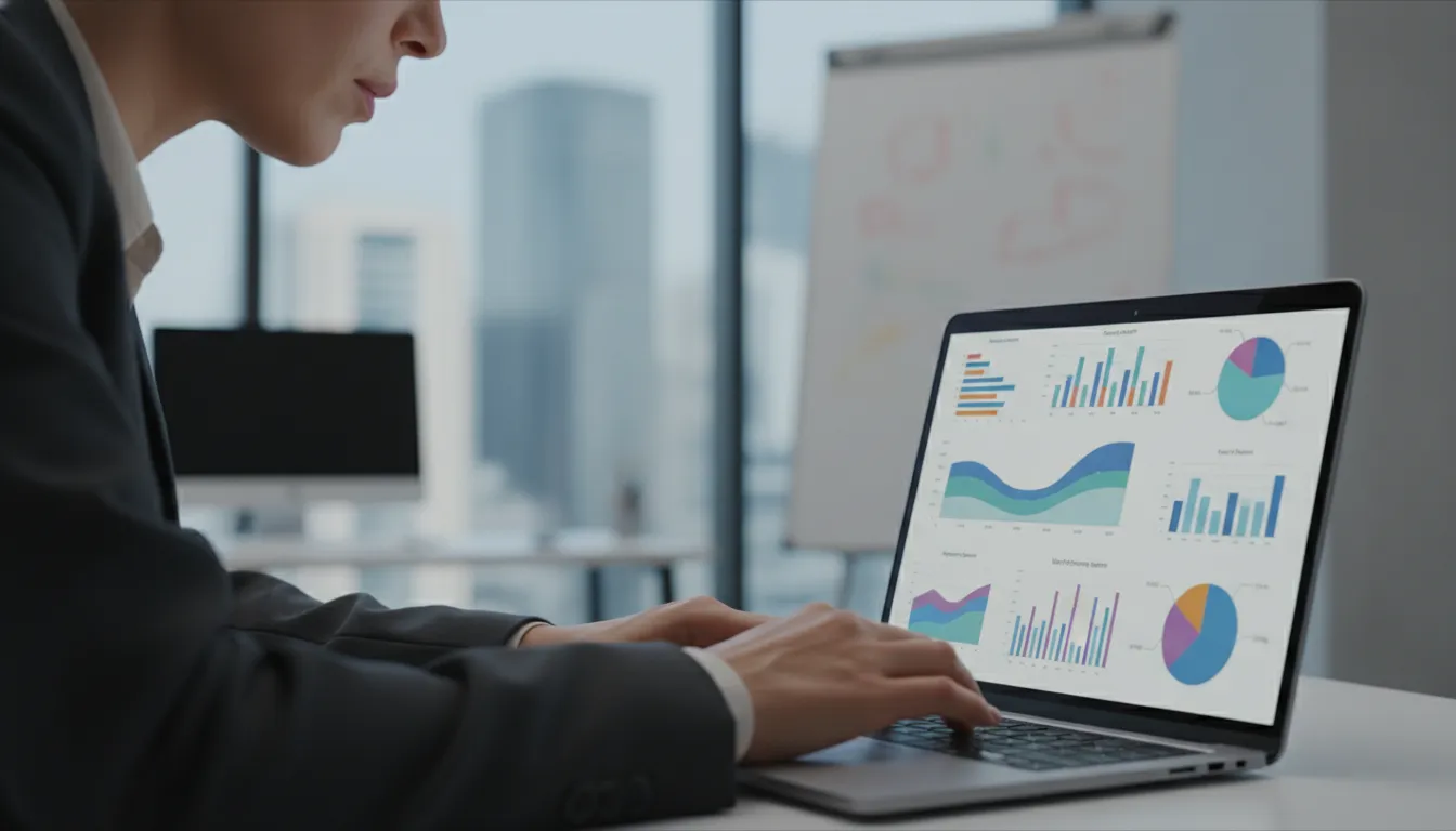 Análise detalhada de dados de marketing em um laptop, com gráficos mostrando KPIs e tendências importantes.