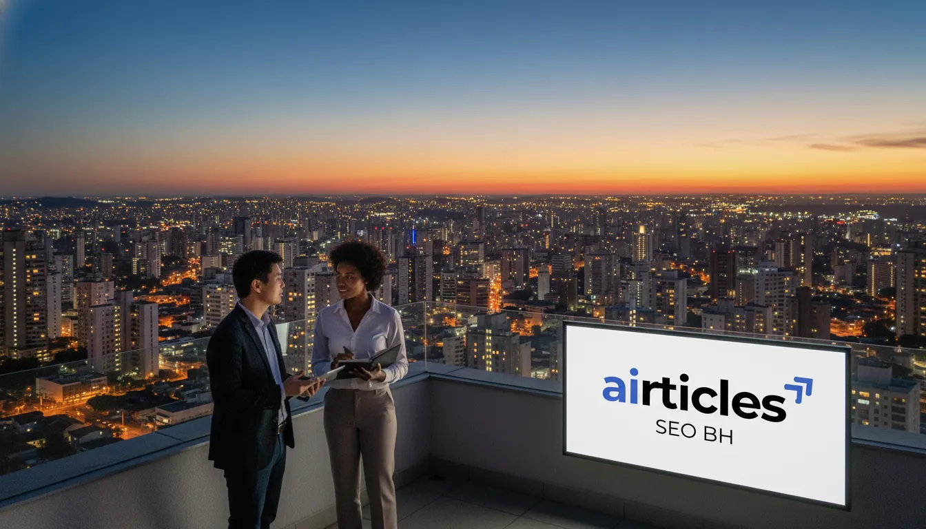 Business professionals on rooftop overlooking Belo Horizonte skyline, symbolising agência SEO BH impact.