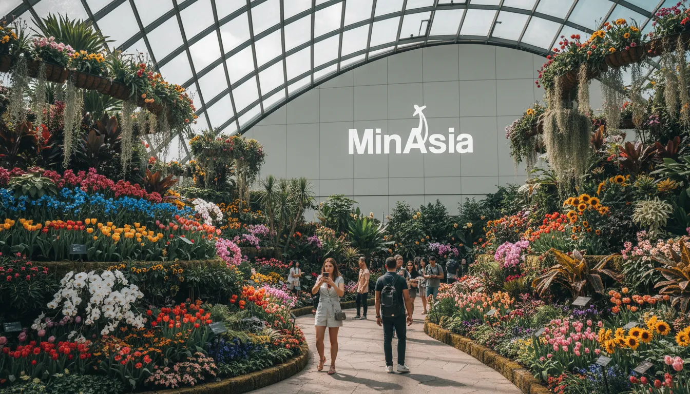 Exuberante Flower Dome no gardens by the bay, com a diversidade floral do mundo em um só lugar.