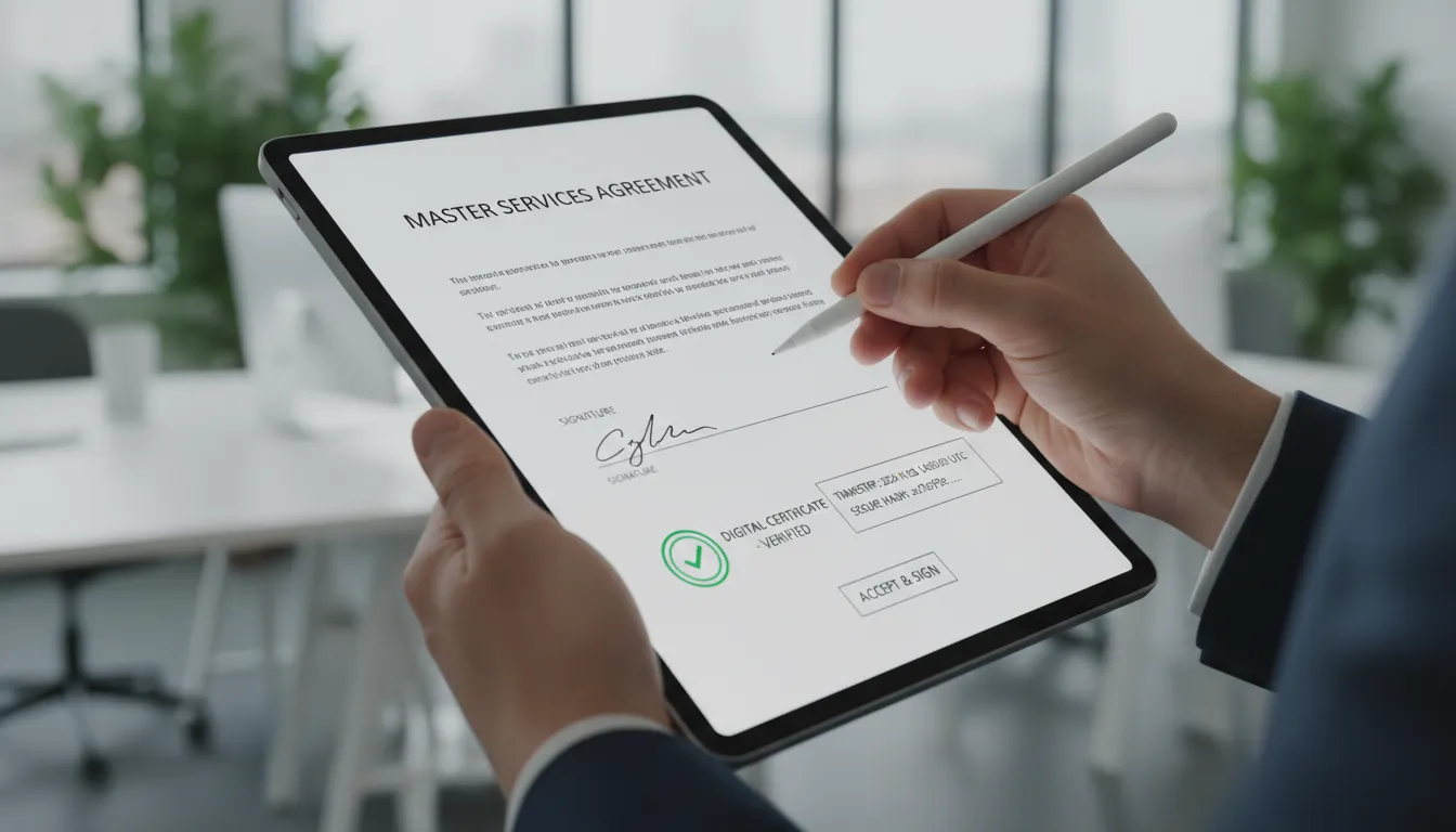 Pessoa assinando contrato digital com certificação e autenticação visíveis na tela.