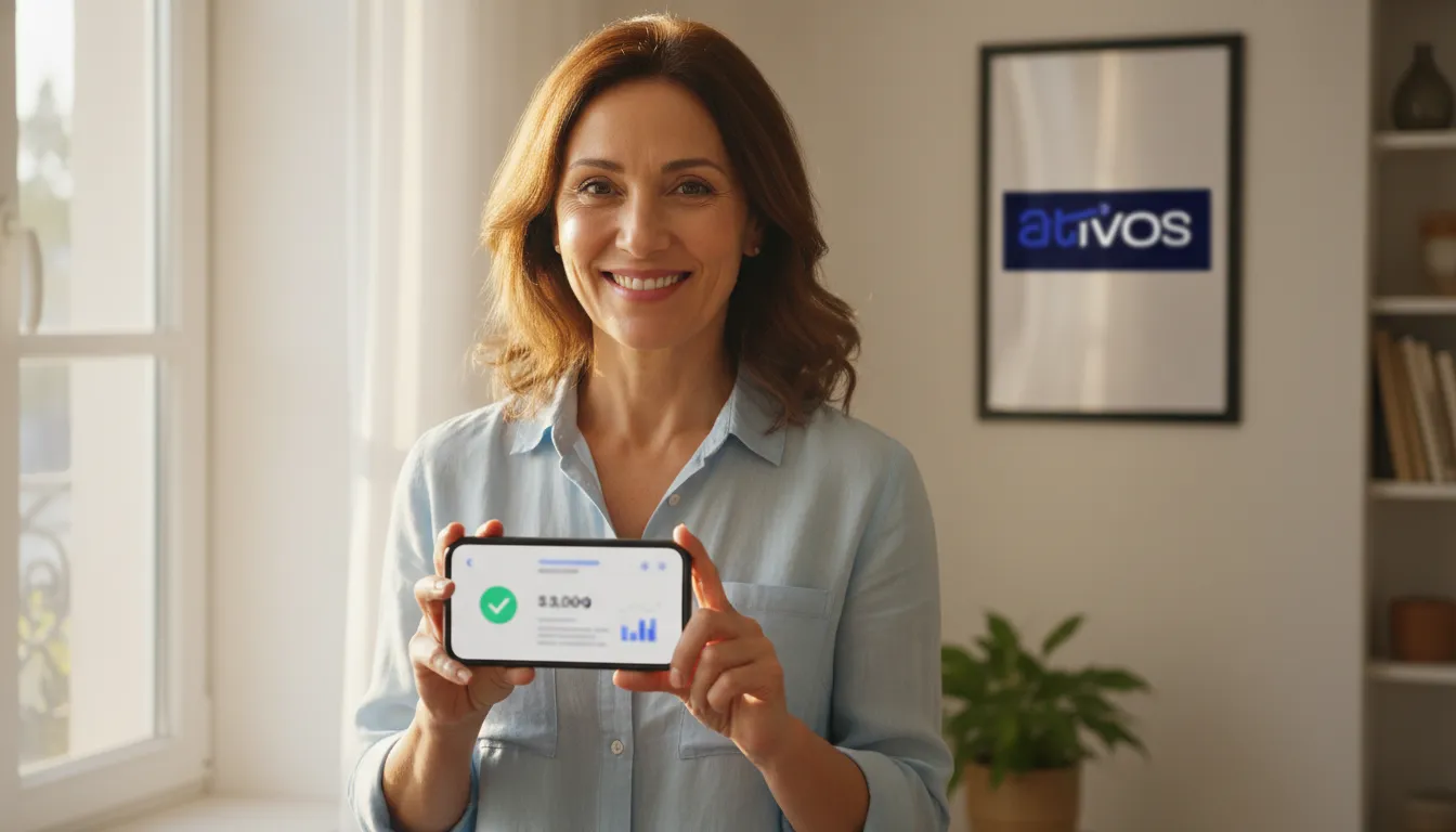 Pessoa sorrindo com celular após declarar precatório no imposto de renda, mostrando alívio e liquidez alcançada.