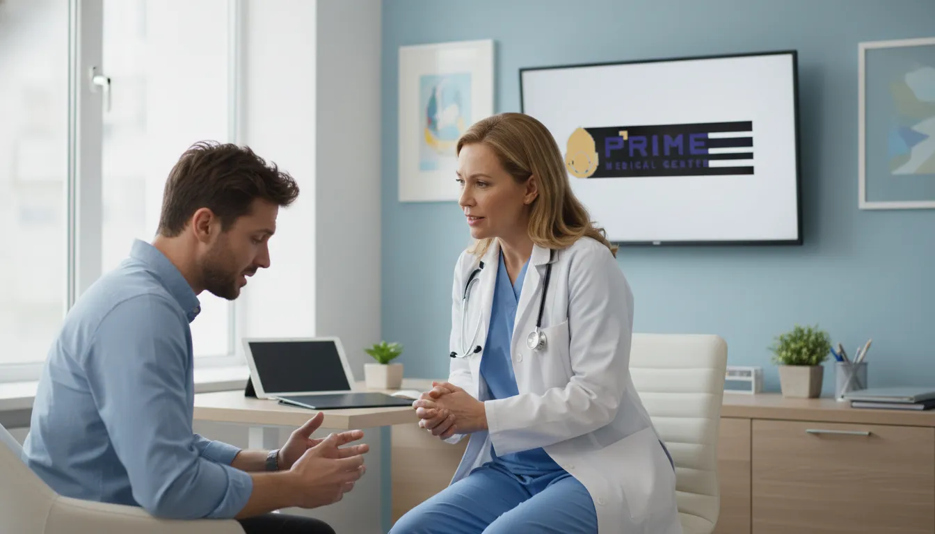 Médico escuta atentamente paciente preocupado com possível ejaculação precoce causas durante consulta na Prime Medical.