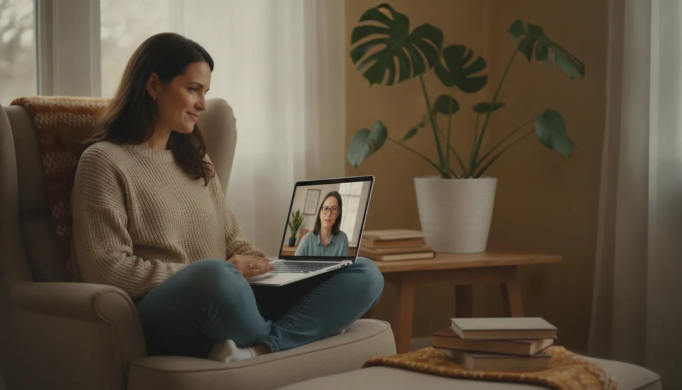 Mulher em sessão de terapia online, olhando para o laptop, encontrando apoio para engravidar e bem-estar.