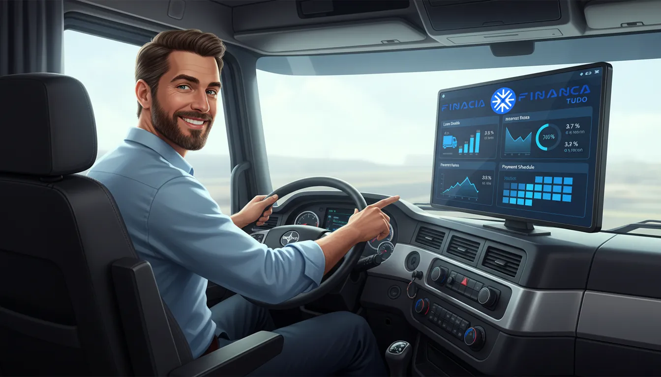 Interior de cabine de caminhão com dashboard digital exibindo detalhes do empréstimo, mostrando o caminhão como garantia de forma transparente.
