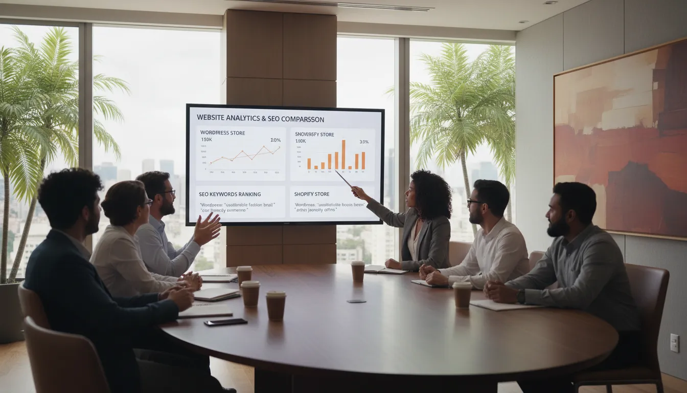 WordPress vs Shopify para E-commerce em 2026 2 Empreendedor brasileiro lançando loja Shopify com smartphone, embalagens e decoração local iluminada.