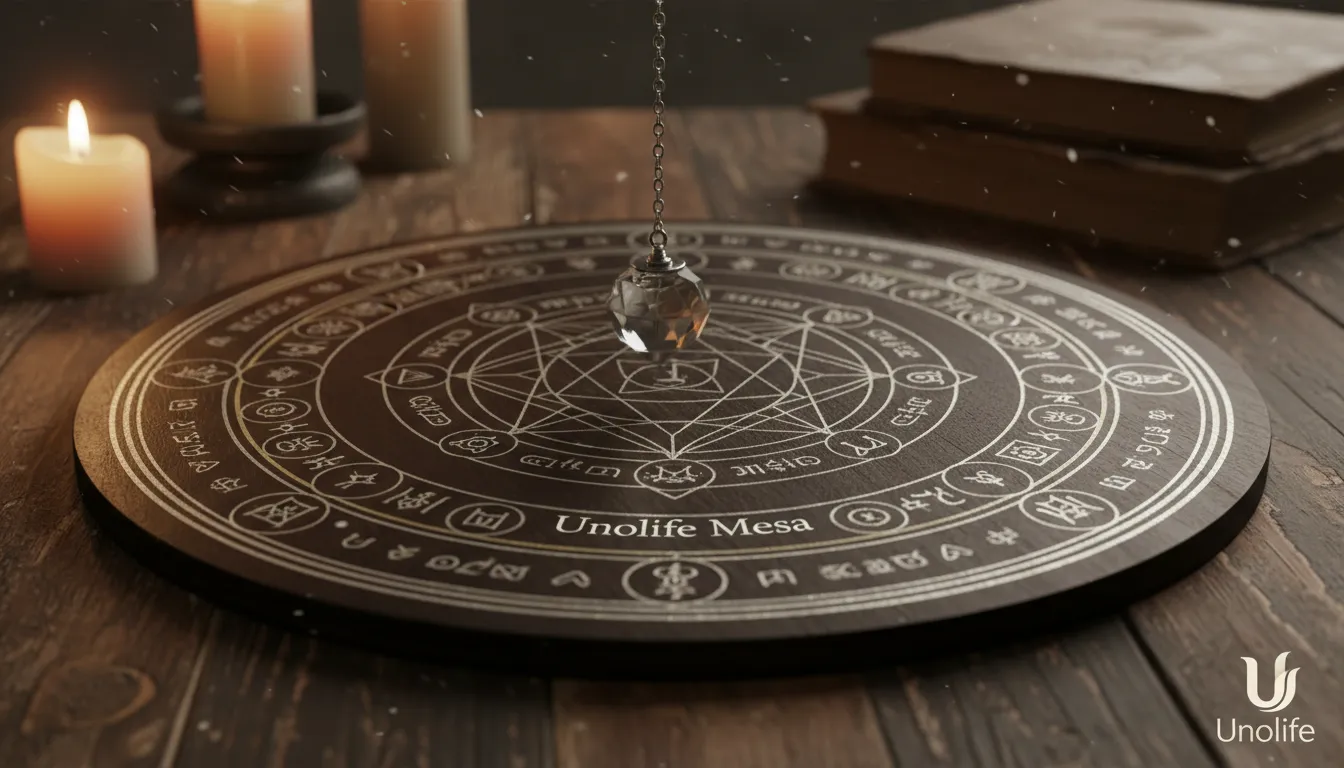 Detalhe de uma mesa radiônica com pêndulo em movimento, representando a energia e o potencial de cura oferecidos pela Unolife.