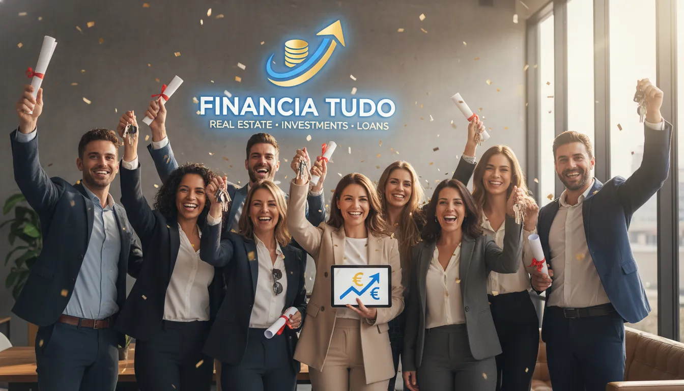 Grupo de pessoas comemorando a conquista financeira, segurando chaves e documentos. A Financia Tudo ajudou a encontrar o banco para fazer empréstimo e realizar sonhos.