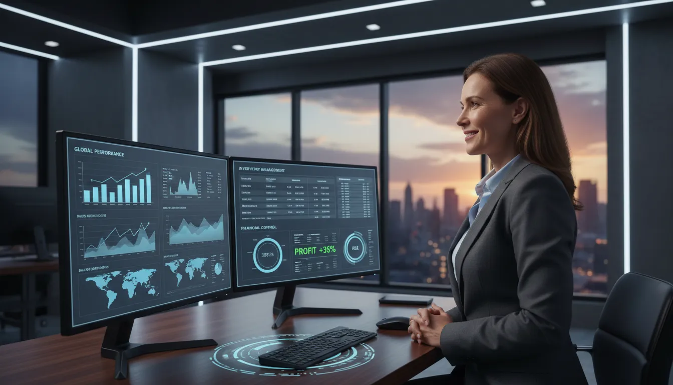Gestor visualizando relatórios de desempenho e controle financeiro em monitores de alta resolução