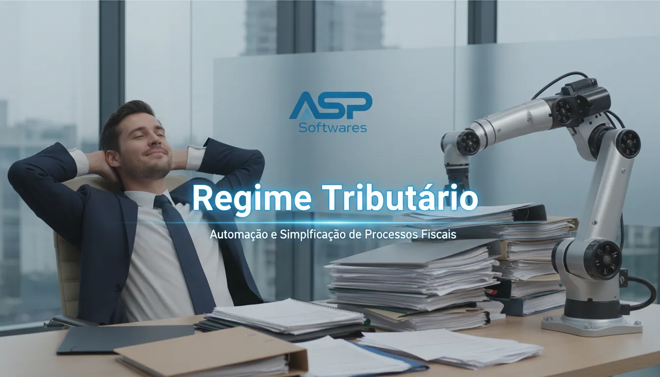 Braço robótico organizando documentos, simbolizando a automação do regime tributário com software da ASP Softwares.