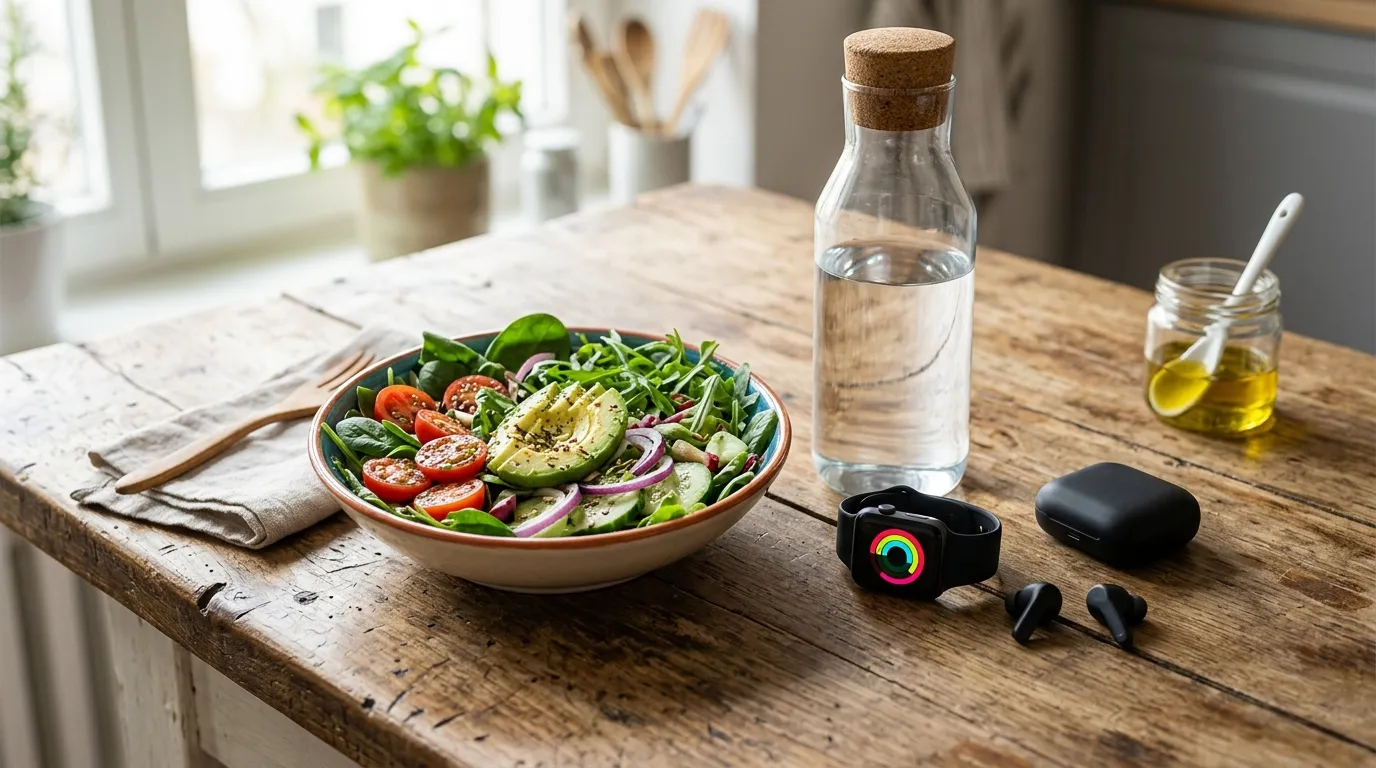 Alimentação saudável e relógio fitness simbolizando bem-estar integral físico e cuidados diários.