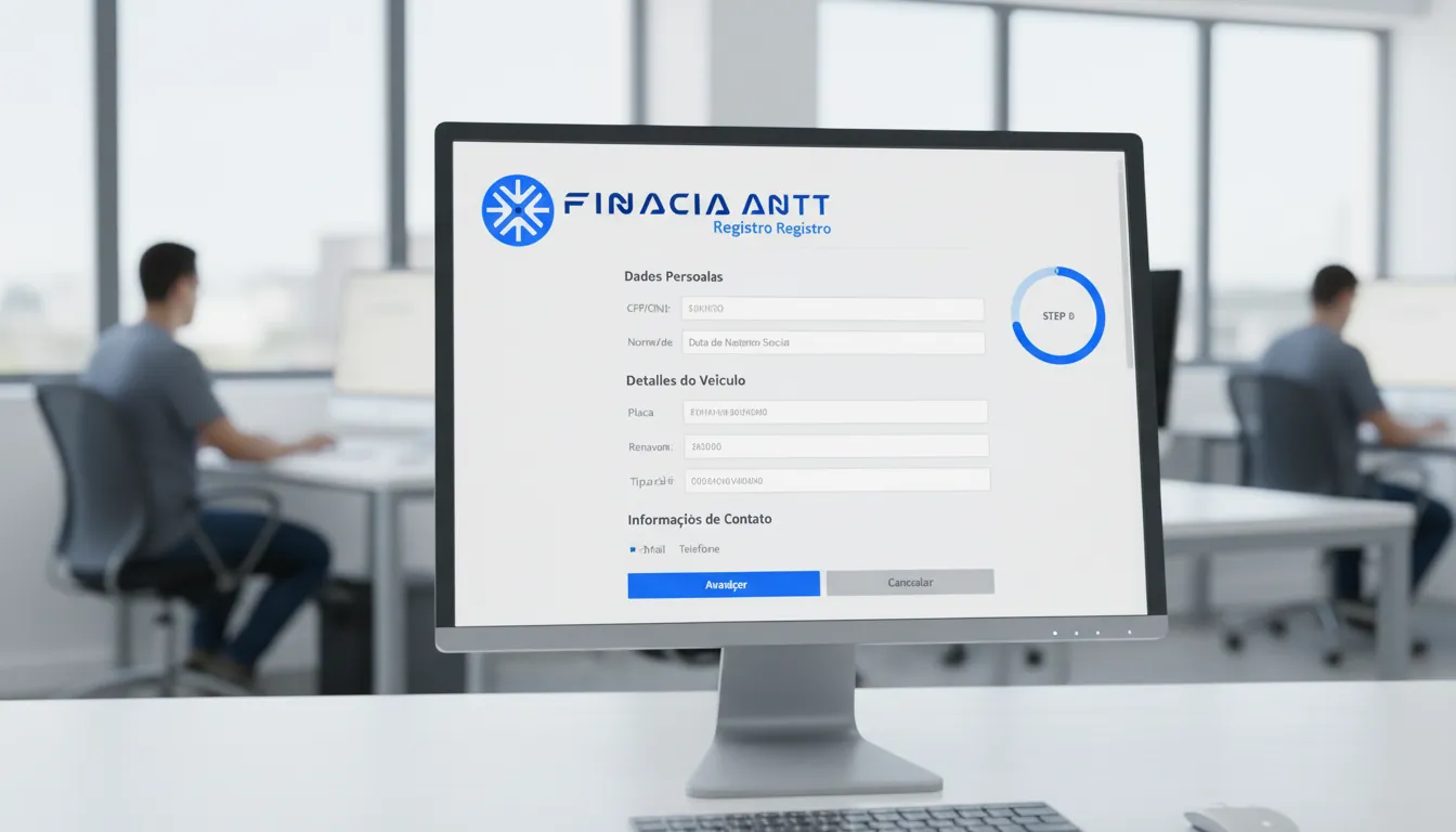 Formulário de registro online do RNTRC ANTT exibido em um computador, demonstrando a facilidade do processo de inscrição.