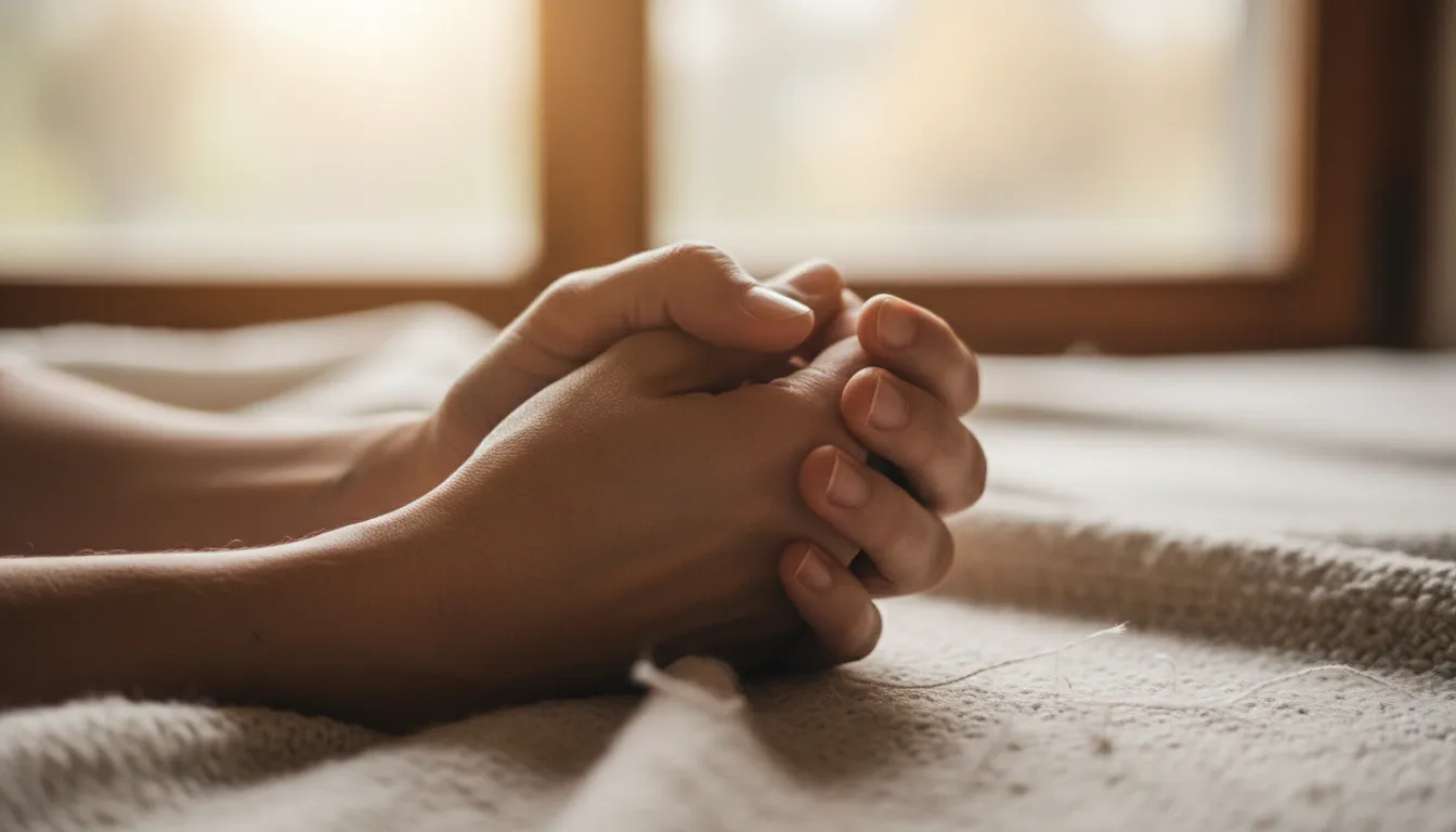 Mãos se segurando suavemente, transmitindo autocuidado e suporte emocional diante do luto invisível e da tristeza.