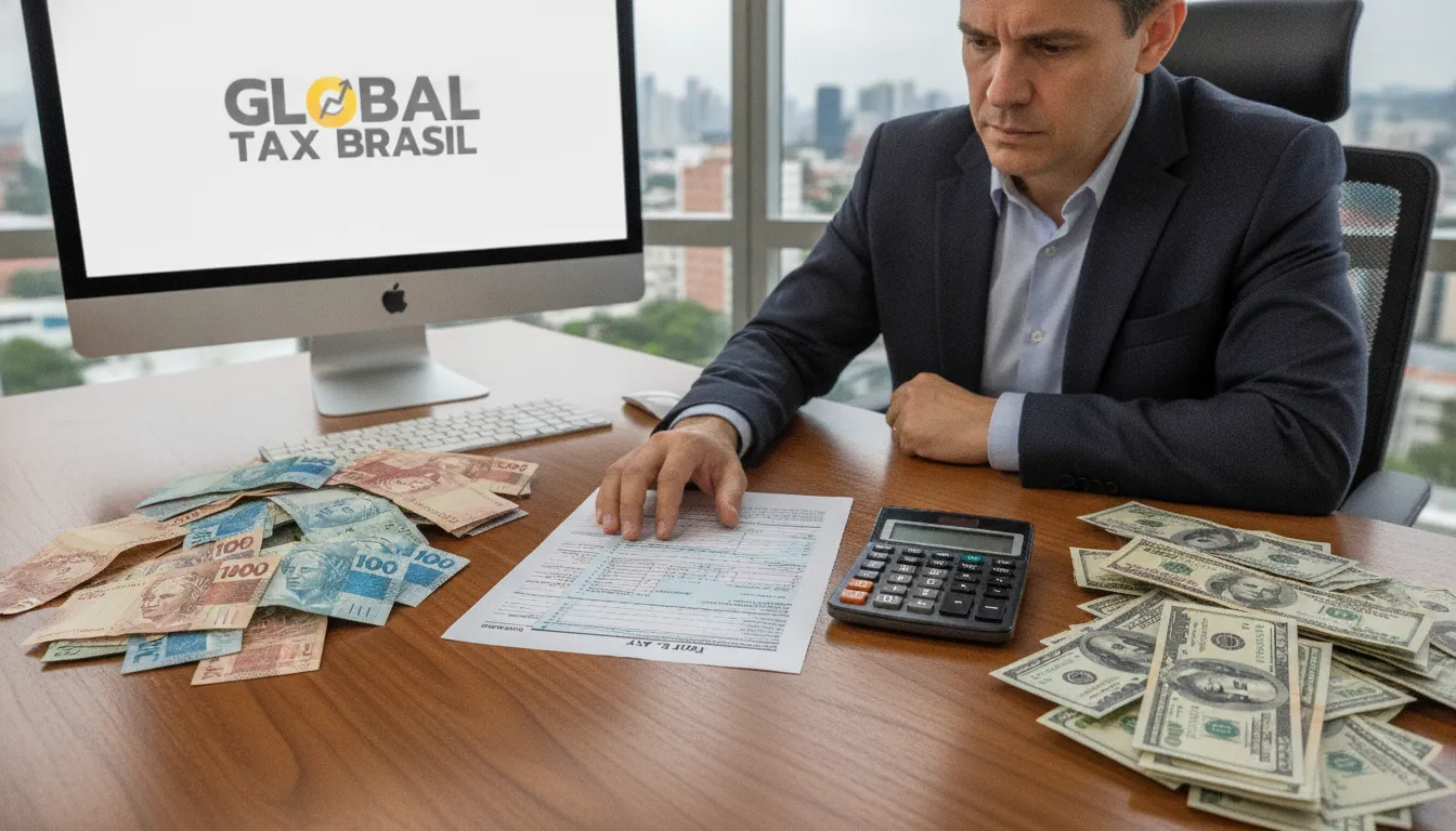 Mãos sobre moedas e formulário fiscal, representando bitributação e imposto de renda internacional, com complexidade.