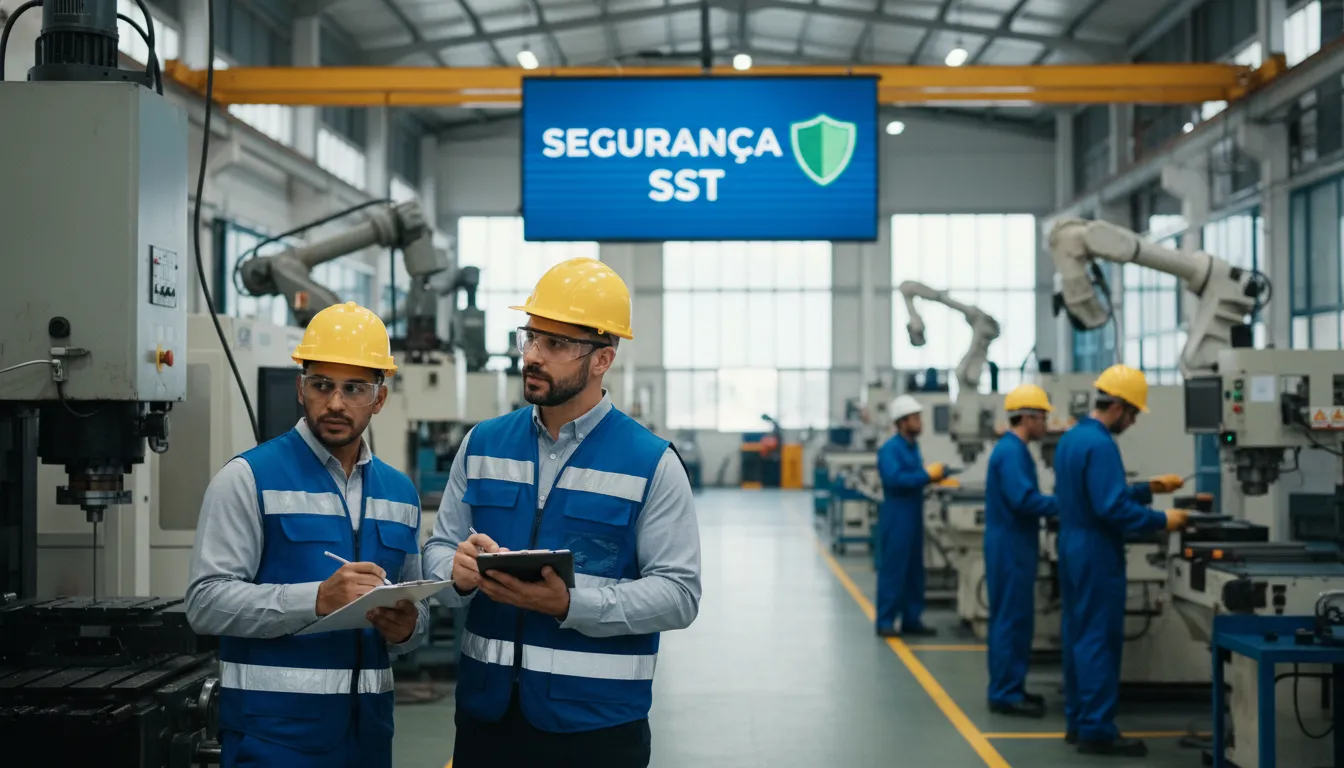 Inspeção de segurança do trabalho em uma fábrica, com um inspetor avaliando os riscos com uma checklist.