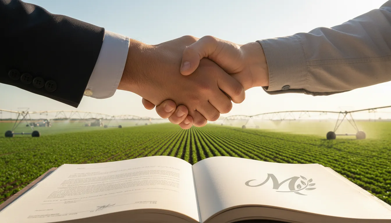 Aperto de mãos simboliza parceria rural de sucesso e segura, com proteção jurídica e gestão de riscos da Marquesini Advocacia.