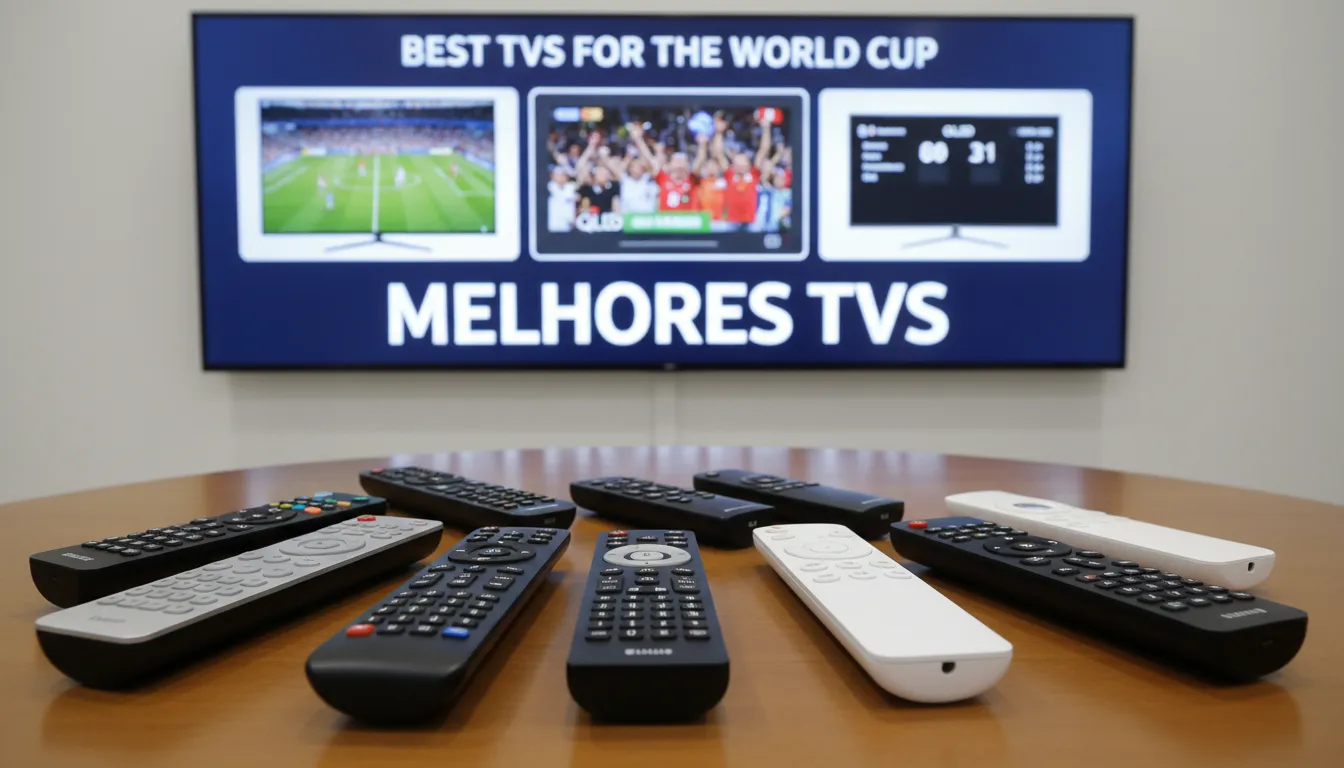 Close-up de controles remotos de TV em uma mesa de centro, com um banner 'Melhores TVs' ao fundo. Seleção de tv para copa.