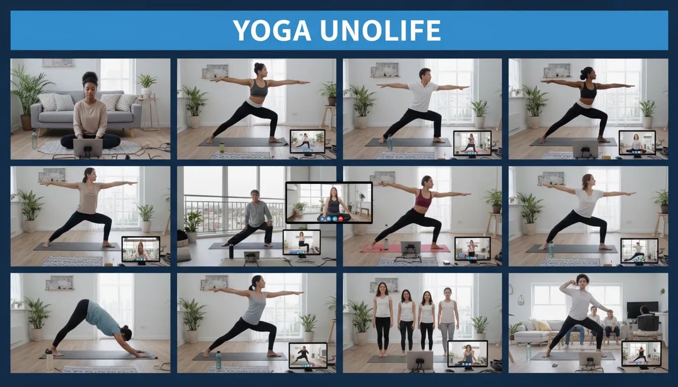 Grupo diverso de pessoas participando de aula de yoga online em seus dispositivos, conectados em casa. Unolife oferece aulas de yoga online para todos.