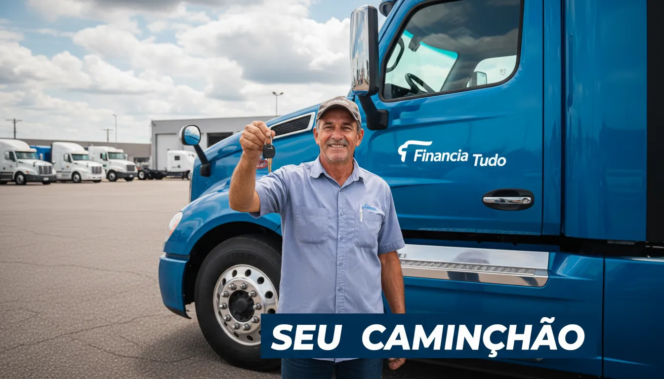Motorista sorrindo ao lado de seu novo caminhão financiado, com a Financia Tudo. Imagem representativa de financiamento de caminhões.