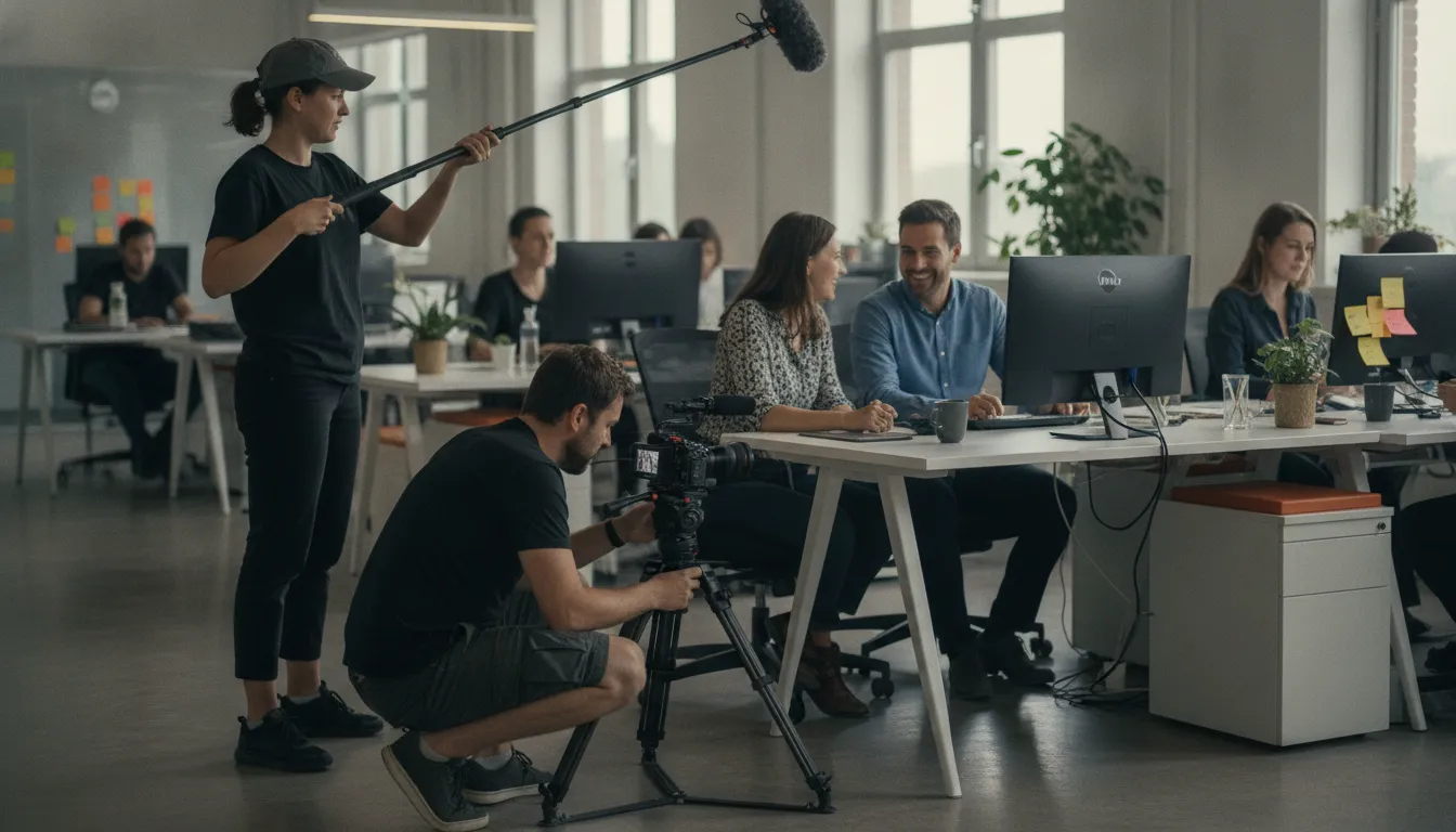 Equipe de vídeo profissional captura momentos reais da cultura empresarial para campanhas de employer branding.