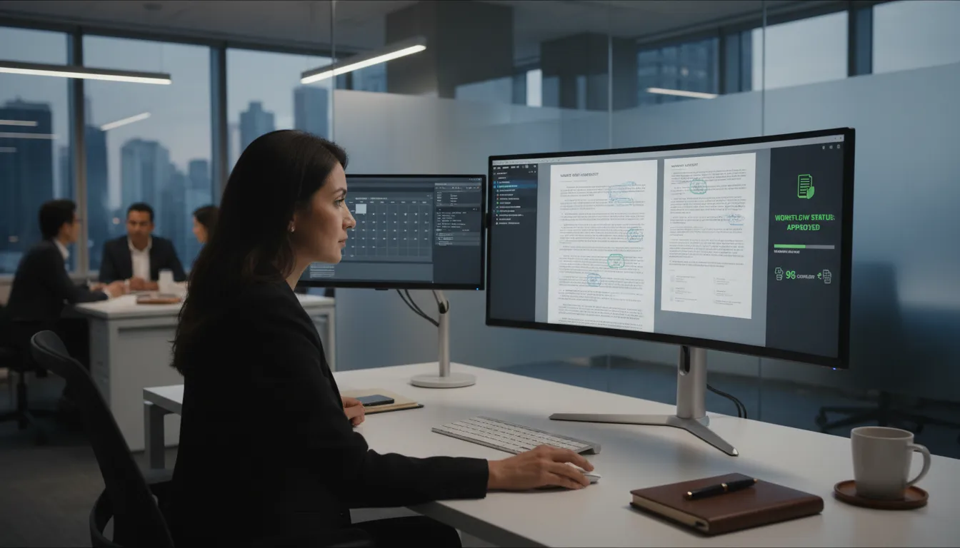 Profissional revisa documentos digitais com assinaturas eletrônicas em ambiente de escritório