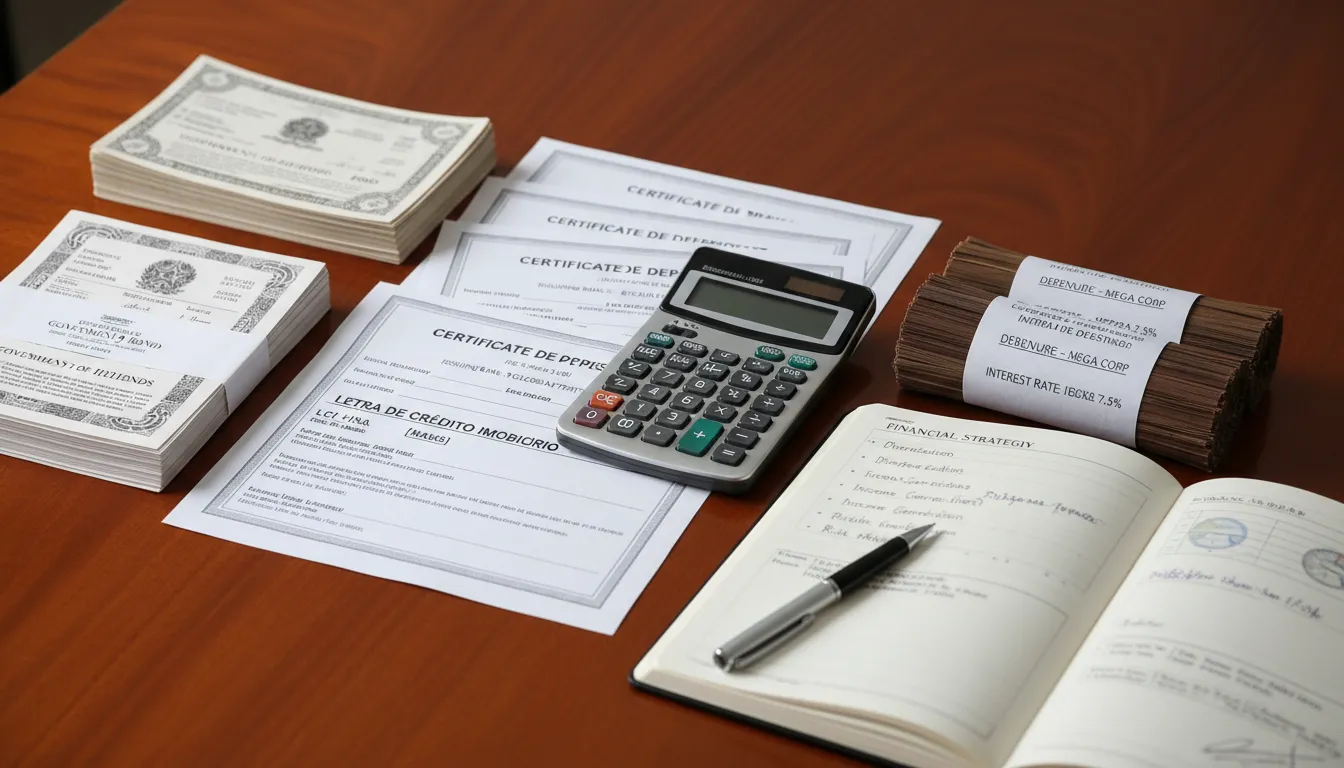 Instrumentos de renda fixa organizados junto a calculadora e caderno de planejamento financeiro.