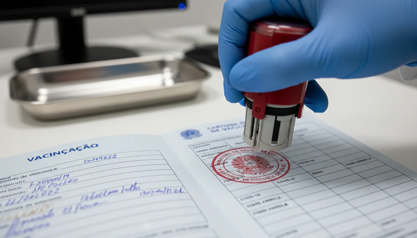Close-up da carteira internacional de vacinação sendo carimbada, destacando a importância da certificação para viagens internacionais.