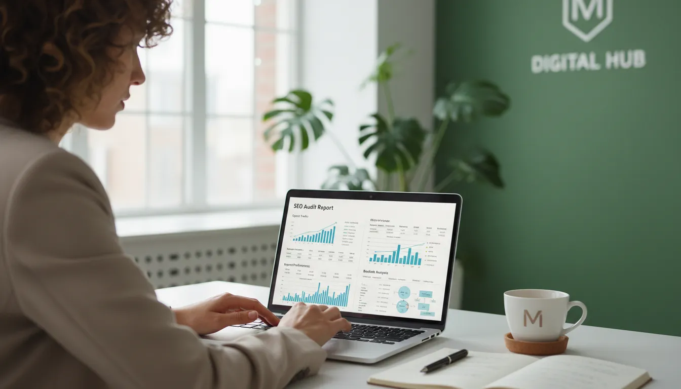 SEO expert auditing website with analytics and optimized workspace