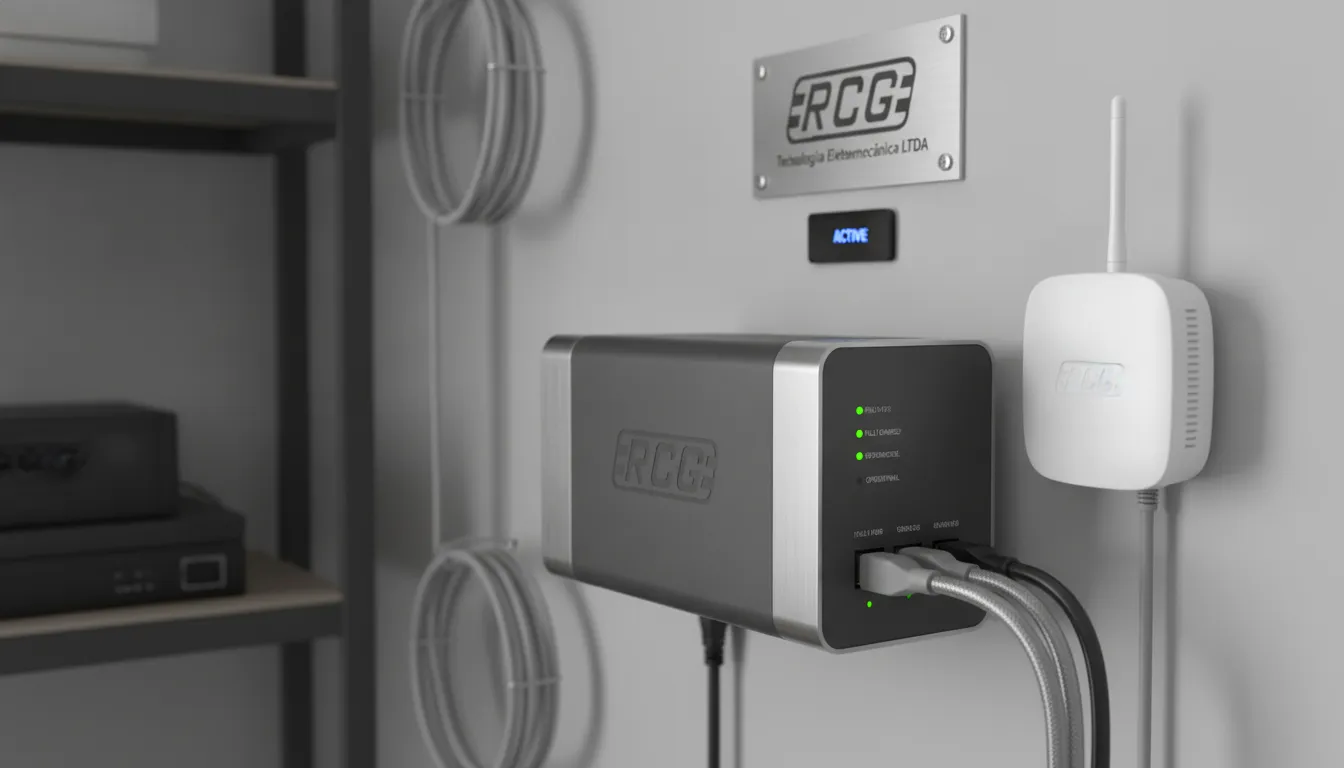 Detalhe de um no-break moderno garantindo sistemas de energia ininterruptos para segurança residencial RCG.