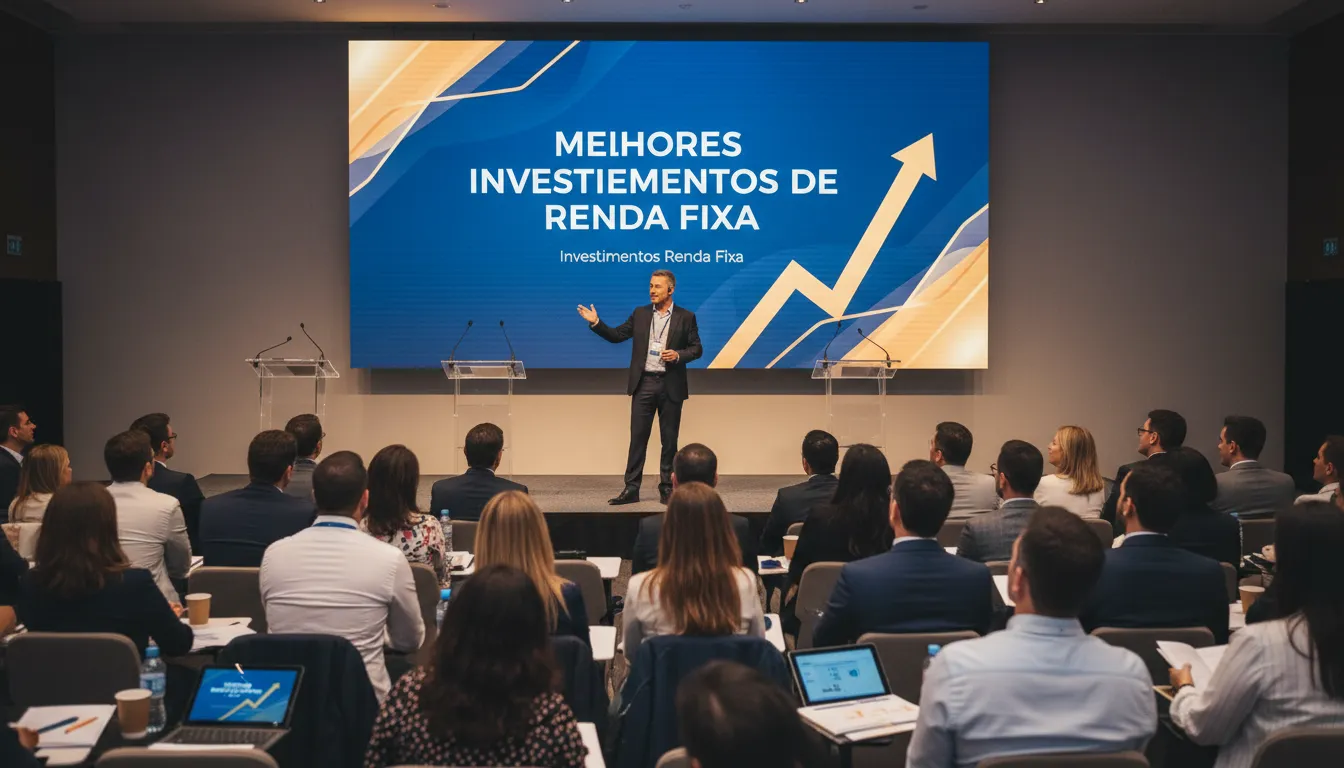 Seminário sobre investimentos com palestra e audiência engajada.