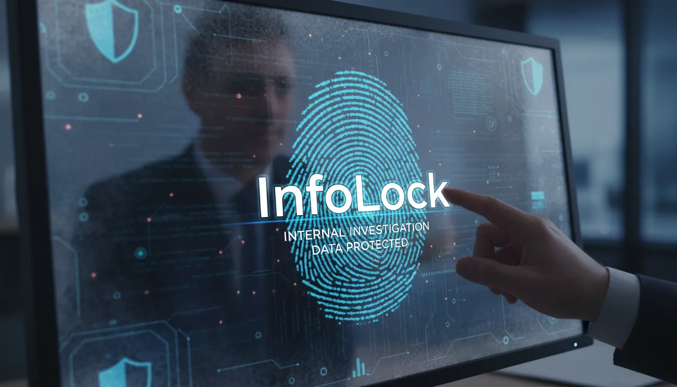 Close-up de uma impressão digital em uma tela de computador, simbolizando a cibersegurança e a proteção de dados em uma investigação interna.