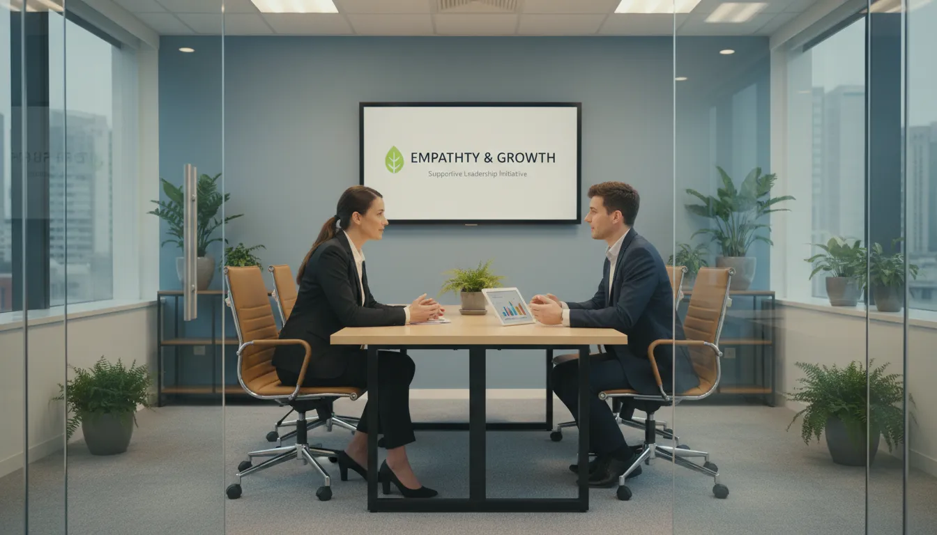 Líderes escutando com atenção um colaborador em uma reunião informal e ambiente confortável.