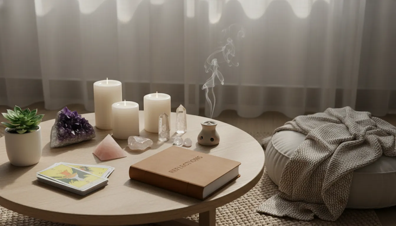 Espaço meditativo com baralho de Tarot, velas, cristais e diário, ideal para autoconhecimento diário.