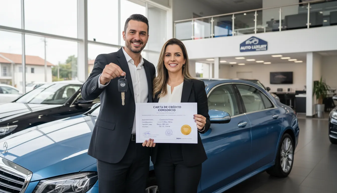 Casal recebe as chaves do carro novo com carta de crédito do consórcio em uma concessionária iluminada.
