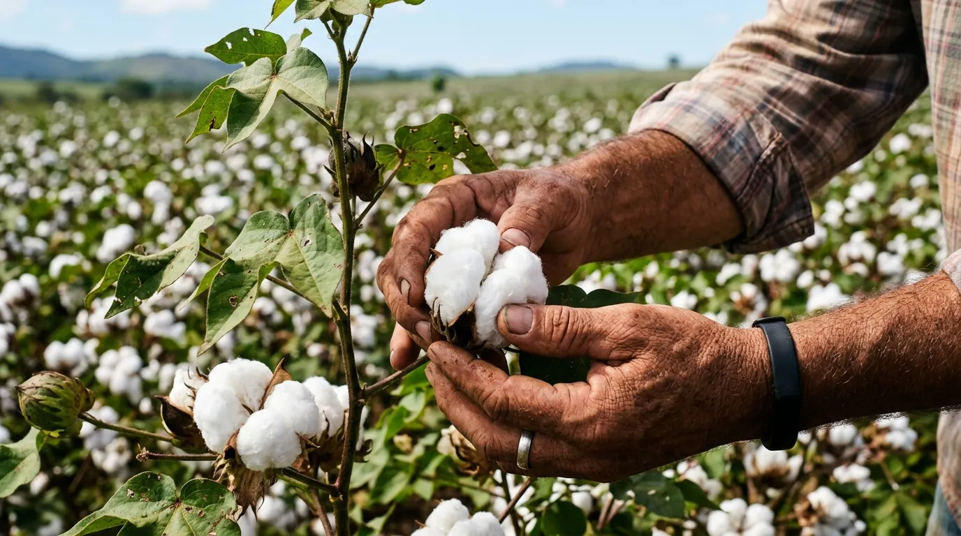 Mãos de agricultor mostrando como o movimento do algodão fortalece o plantio sustentável no Brasil.