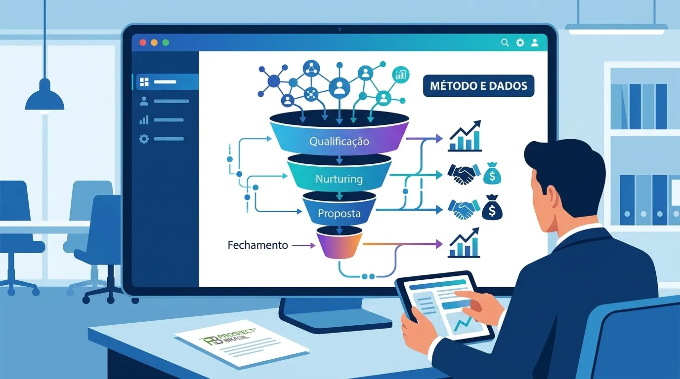Painel tecnológico com funil de vendas otimizado para a geração de leads B2B eficiente.