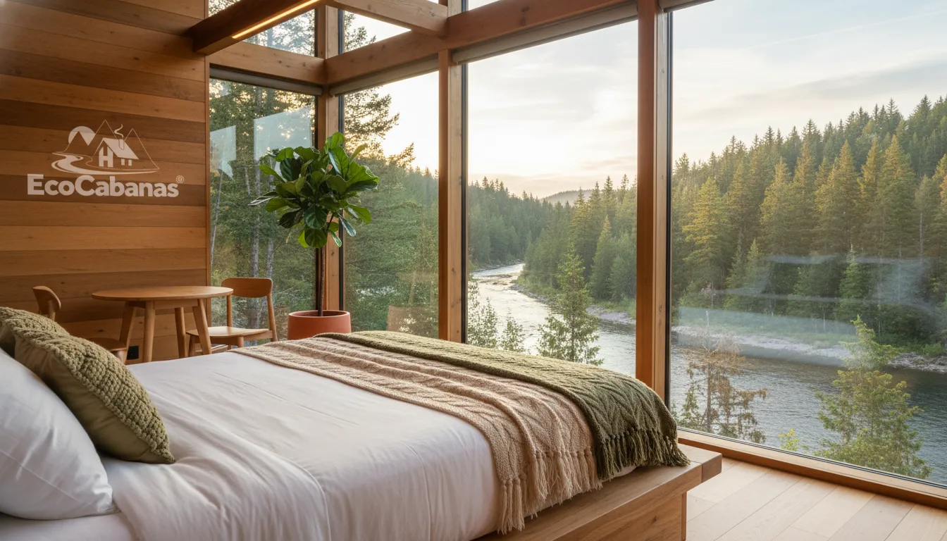 Interior aconchegante de cabana em pousada ecológica, com janelas panorâmicas e decoração natural.