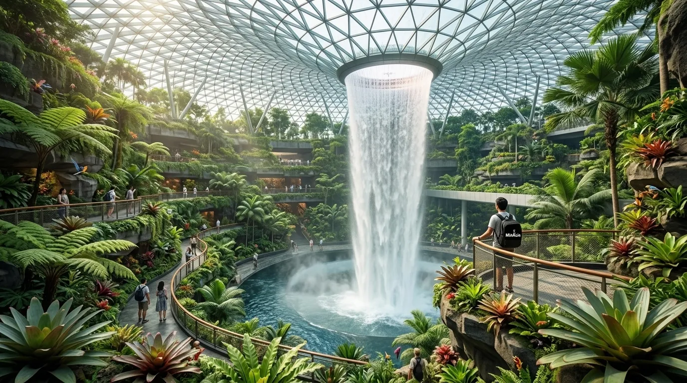 Guia de viagem mostrando o que fazer em Singapura visitando a icônica cachoeira indoor e jardins tropicais.