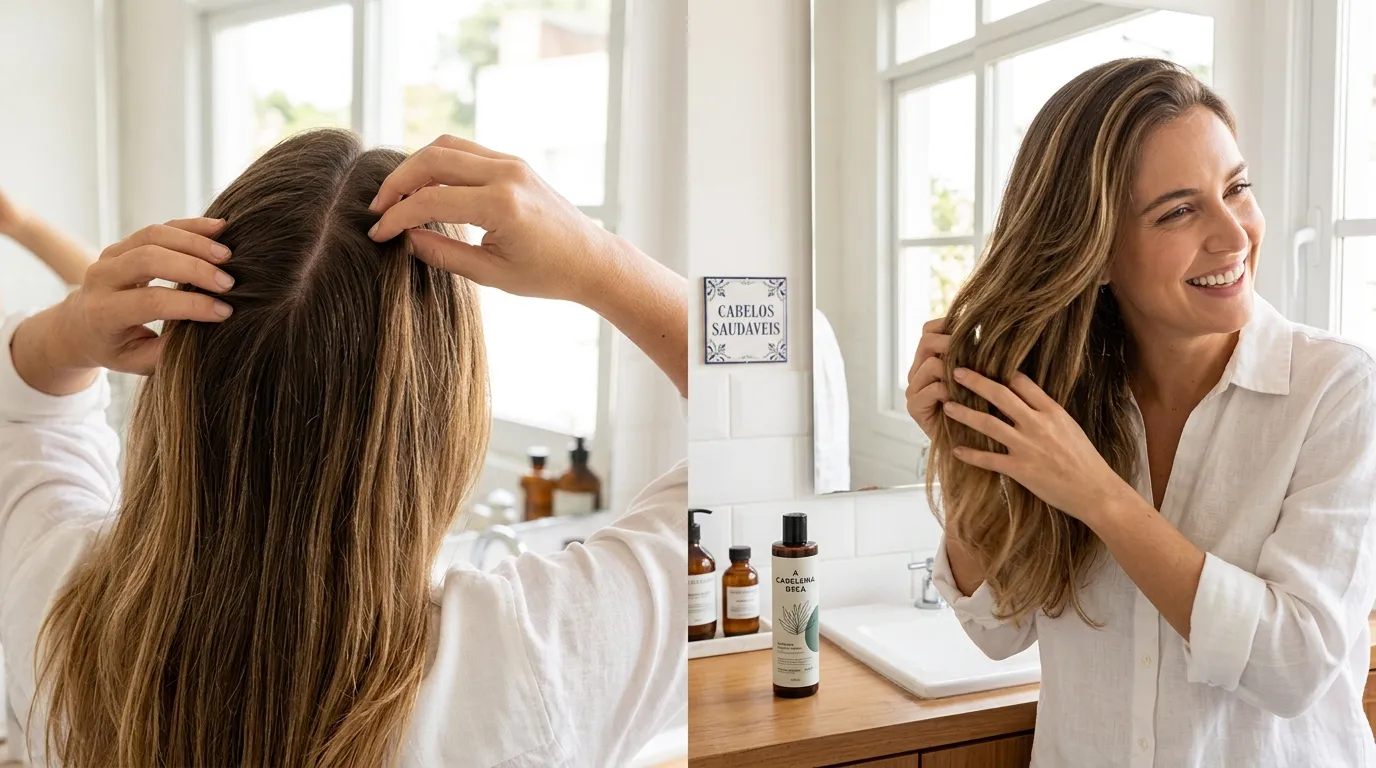 Cabelo equilibrado com raiz livre de couro cabeludo oleoso e pontas perfeitamente hidratadas e brilhantes.